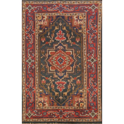 Teal Geometric Heriz Serapi Indian Foyer Rug Handmade Wool Carpet - 2'11"x 5'2"
