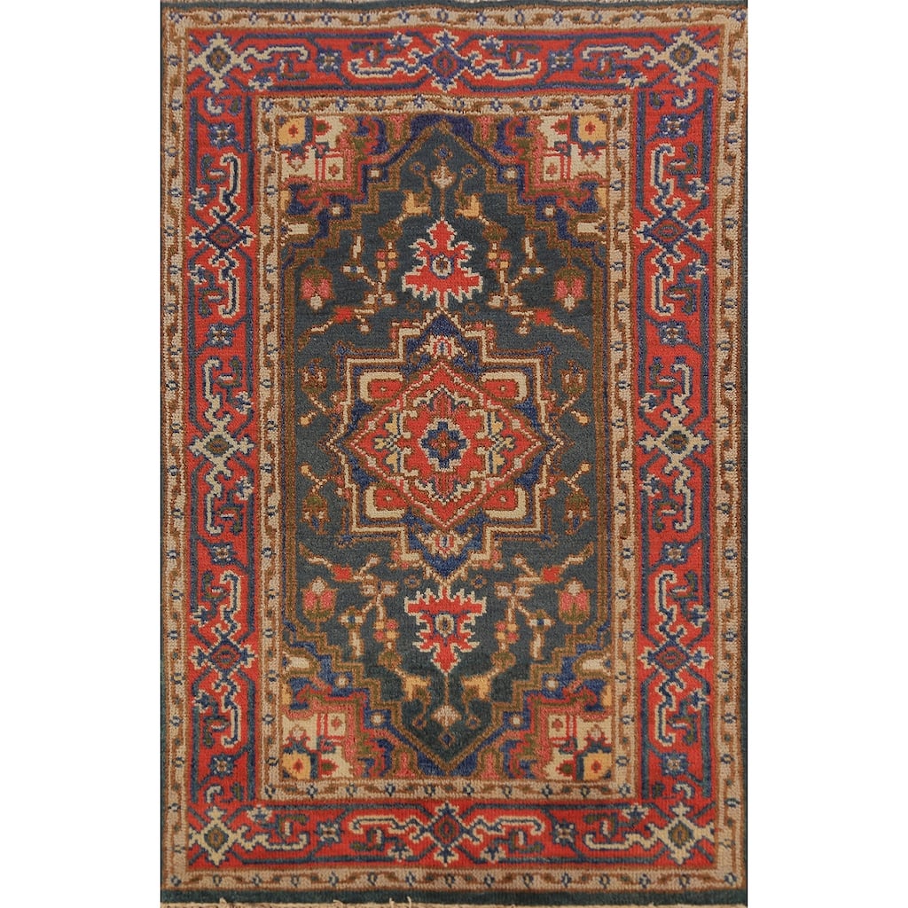 Teal Geometric Heriz Serapi Indian Foyer Rug Handmade Wool Carpet - 2'11"x 5'2"
