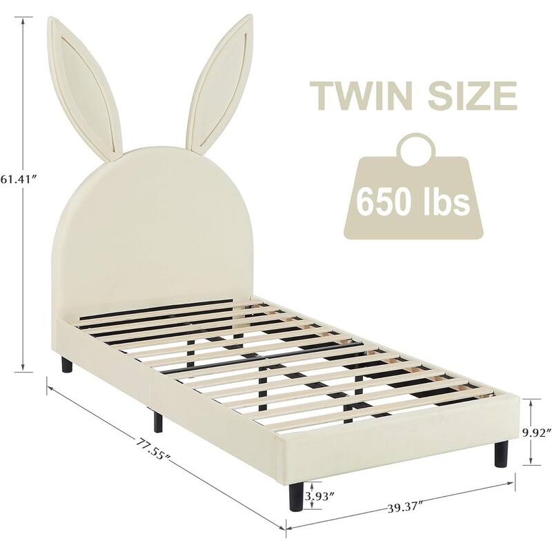 Javlergo Twin Size Kids Bed Frame with Cute Ears Velvet Headboar No Box Spring Required Bed Children's Bed
