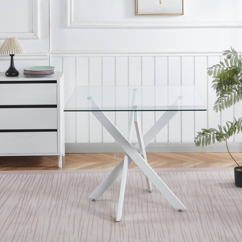 Square Glass Dining Table for 4 Person, Kitchen Table with Tempered Glass & Cross Metal Legs, Modern Leisure Coffee Table - Matte White