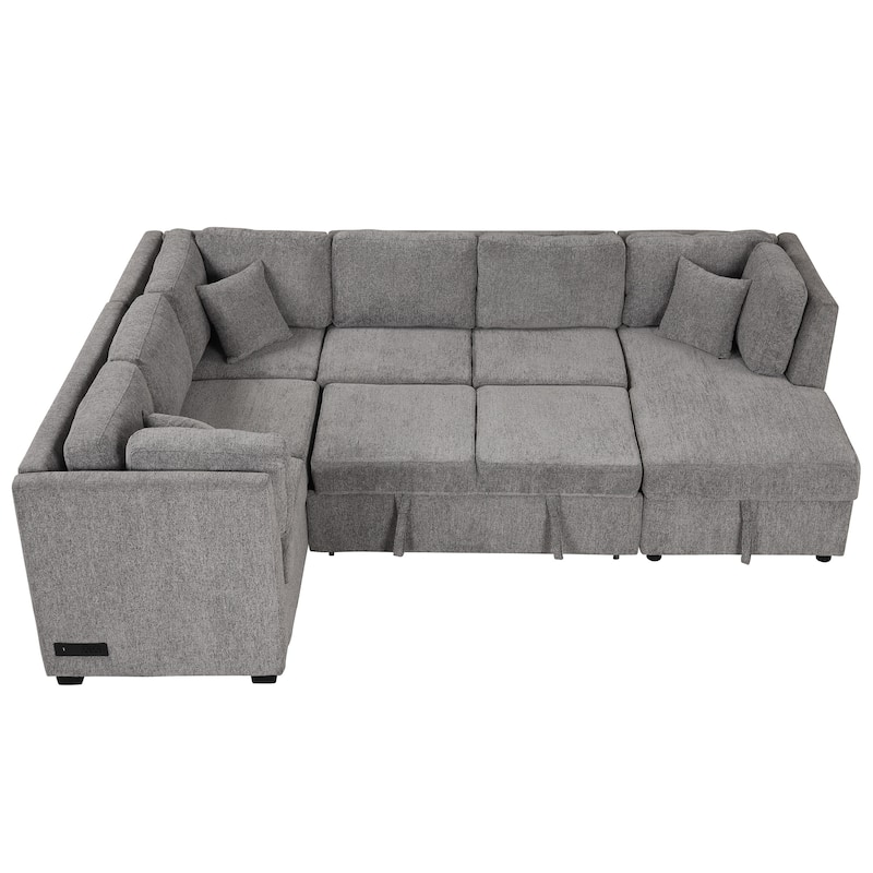 Grey 108.6" Fabric U-Shaped 6-Seat Sectional Sofa with Pull-Out Bed and Storage Chaise, USB Ports and Power Outlets