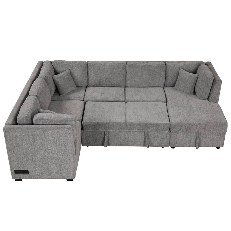 U-shaped Sectional Sofa Pull out Sofa Bed with Two USB Ports, Two Power Sockets, Three Back Pillows and a Storage Chaise