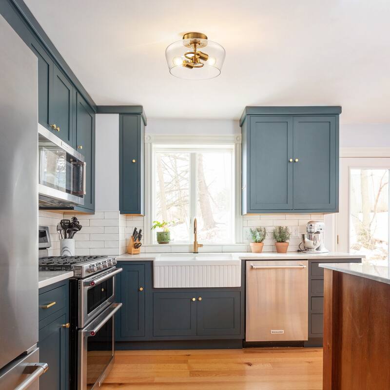 Modern 2-Light Drum Semi Flush Mount Glass Ceiling Light