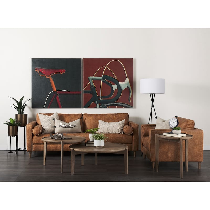 Loretta Cognac Brown Faux Leather Three Seater Sofa w/ Bolster Cushions - 87.9"W x 36.2"D x 33.8"H