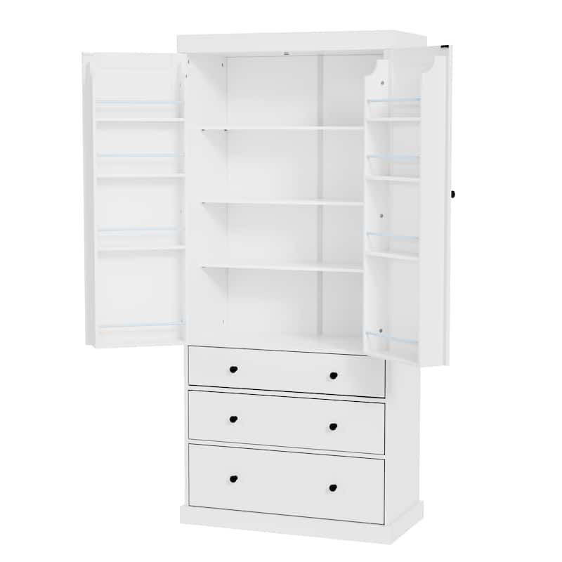 77" Farmhouse Kitchen Pantry, Freestanding Tall Cupboard Storage Cabinet with 3 Adjustable Shelves, 8 Door Shelves, 3 Drawers