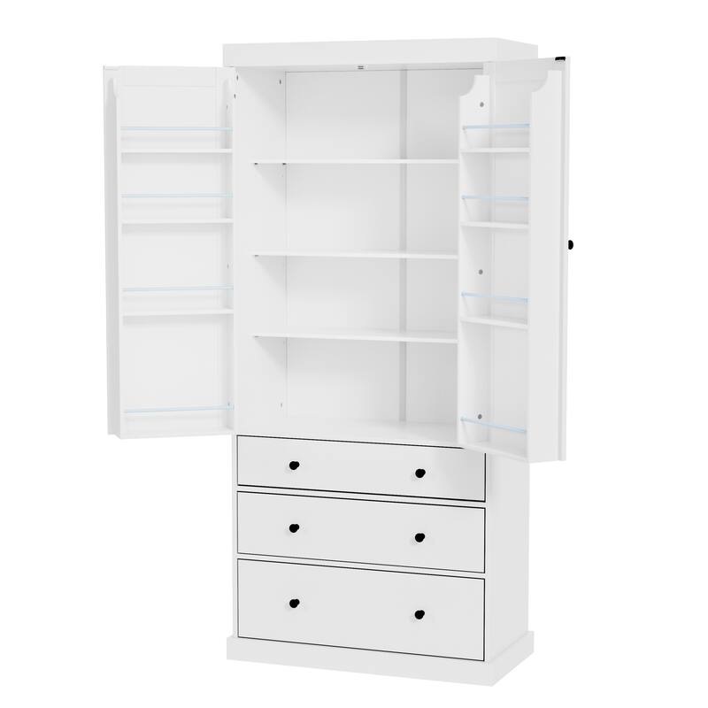 Tall Farmhouse Pantry with 3 Drawers, Adjustable Shelves & Door Storage for Organized Kitchen Space