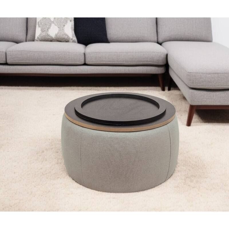HomeRoots 26" Gray and Natural Fabric And Wood Reversible Tray Top Round Storage Ottoman - Light Gray - 25.5' X '14.5' X '25.5