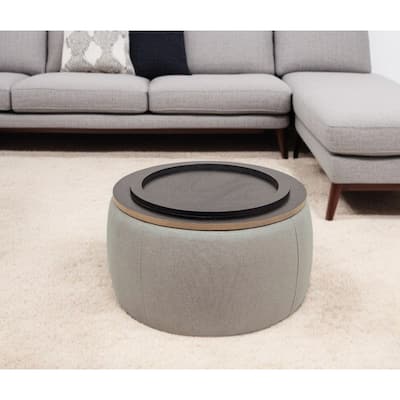 HomeRoots 26" Gray and Natural Fabric And Wood Reversible Tray Top Round Storage Ottoman