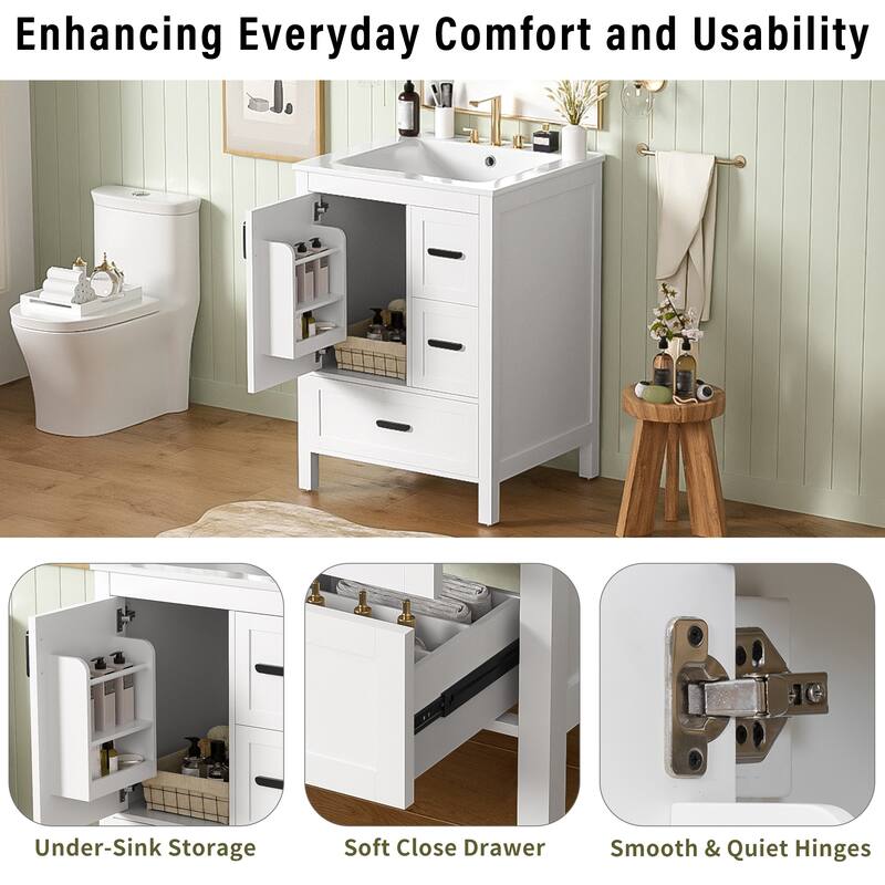 24" Modern Bathroom Vanity with Ceramic Sink - Soft-Close Door, 3 Drawers, Double-Layer Shelf, Minimalist Design