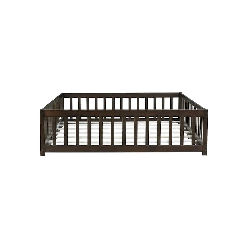 Queen Size Floor Bed with Fence,Door,Rubber Wood Floor Bed with Safety Guardrails