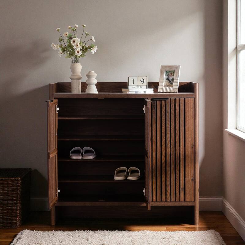 Modern 5-Tier Shoe Cabinet with Adjustable Shelves and Shutter Doors, Large Wooden Storage Organizer for Entryway or Hallway