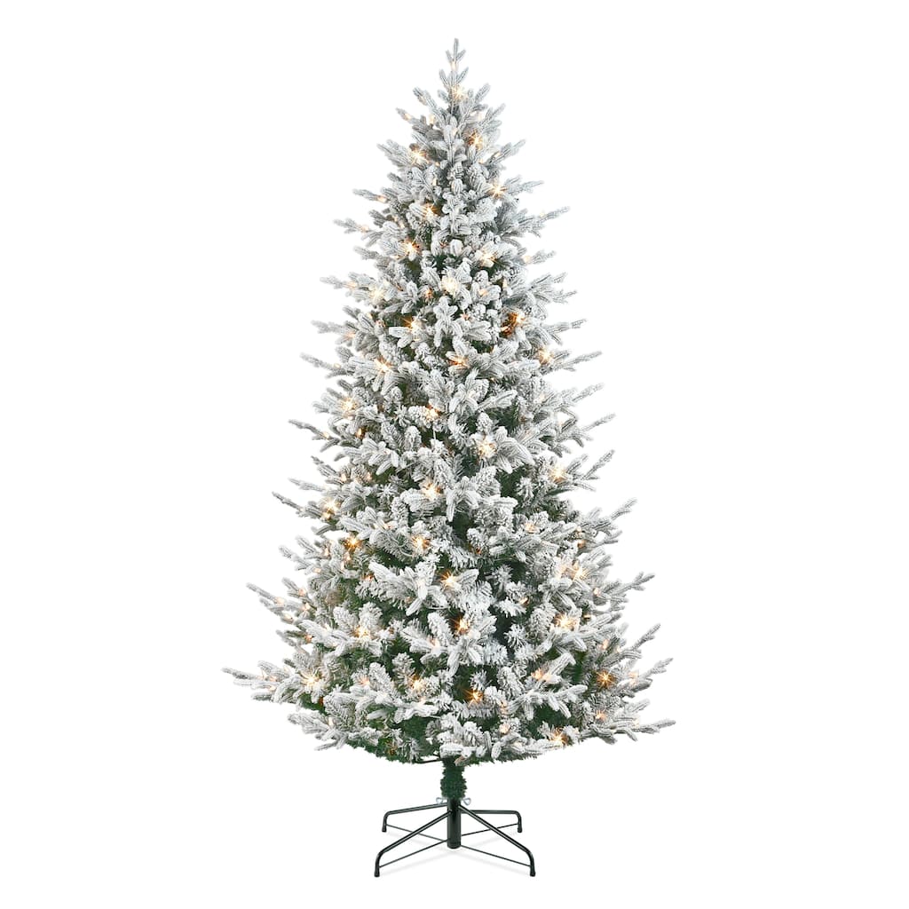 Puleo International 7.5 ft. Pre-Lit Flocked Boulderwood Artificial Spruce Tree