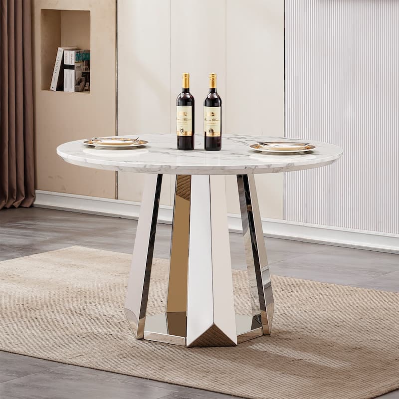 47" Round Dining Table with Faux Marble Tabletop and Stainless Steel Base - Silver+White