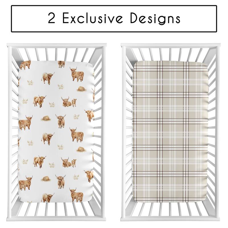 Sweet Jojo Designs Boho Highland Cow Boy, Girl, Gender Neutral 2 Pack Fitted Crib Sheets - Taupe Plaid & Farm Animal, Farmhouse