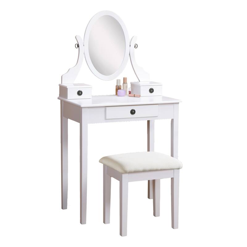 Bedroom Makeup Vanity Desk and Stool Set, Vanity Set Includes Dressing Table, Swivel Adjustable Oval Mirror and Stool
