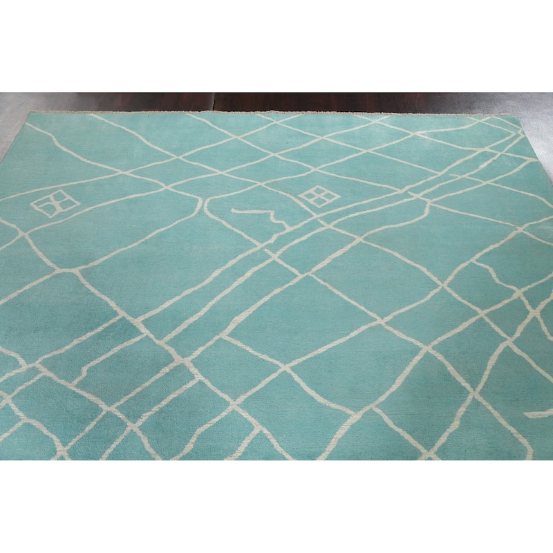 Modern Turquoise Moroccan Vegetable Dye Area Rug Handmade Wool Carpet - 7'9" x 9'10"