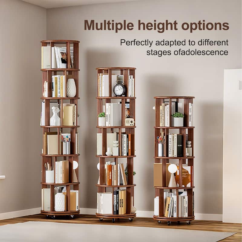 100%Solid Wood Rotating Bookshelf on Wheels, 6 Tier, Round Revolving Bookcase, 360°Spinning Book Shelf Tower, Narrow Bookshelves