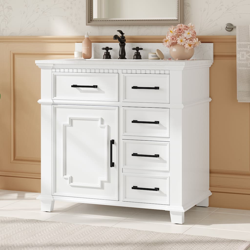 36" Bathroom Vanity Cabinet Set with 5 Drawers and Door, Single Bathroom Vanity with Sink, White