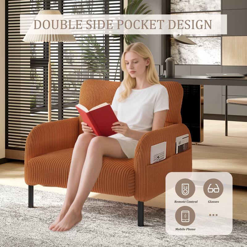 Ergonomic Armchair Corduroy Single Sofa Accent Chair with Side Pockets