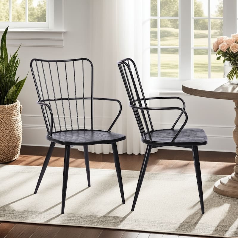 Parisa Modern Farmhouse High Spindle Back Windsor Dining Chair with Arms - Black