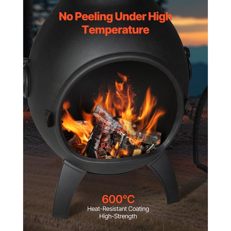 Black Aluminum Spherical Chiminea with BBQ Grill and Rainproof Cover