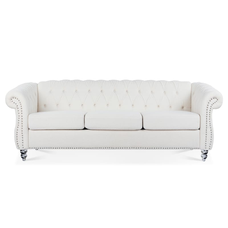 Nordic White Tufted Rolled Arm Upholstered Sofa - 32.09 x 84.65 x 28.35