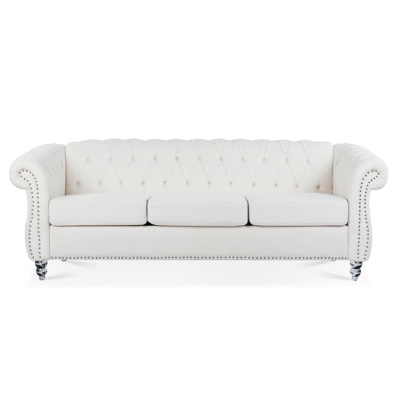 Chesterfield Fabric 3 Seater Sofa, Tufted Upholstered Sofa with Rolled Arms, Lounge Sofa Chair with Wooden Legs