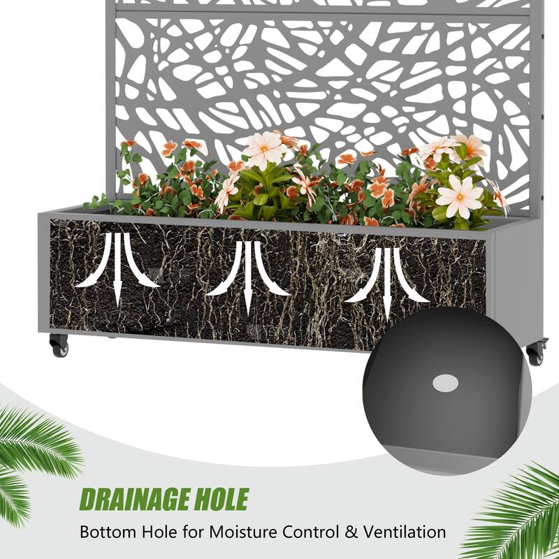 Metal Galvanized Planter Box with Trellis Privacy Screen Lockable Wheels