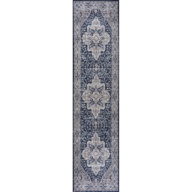 JONATHAN Y Alacati Boho Gray Medallion Machine Washable Area Rug - 2 X 8 - Navy/Light Gray