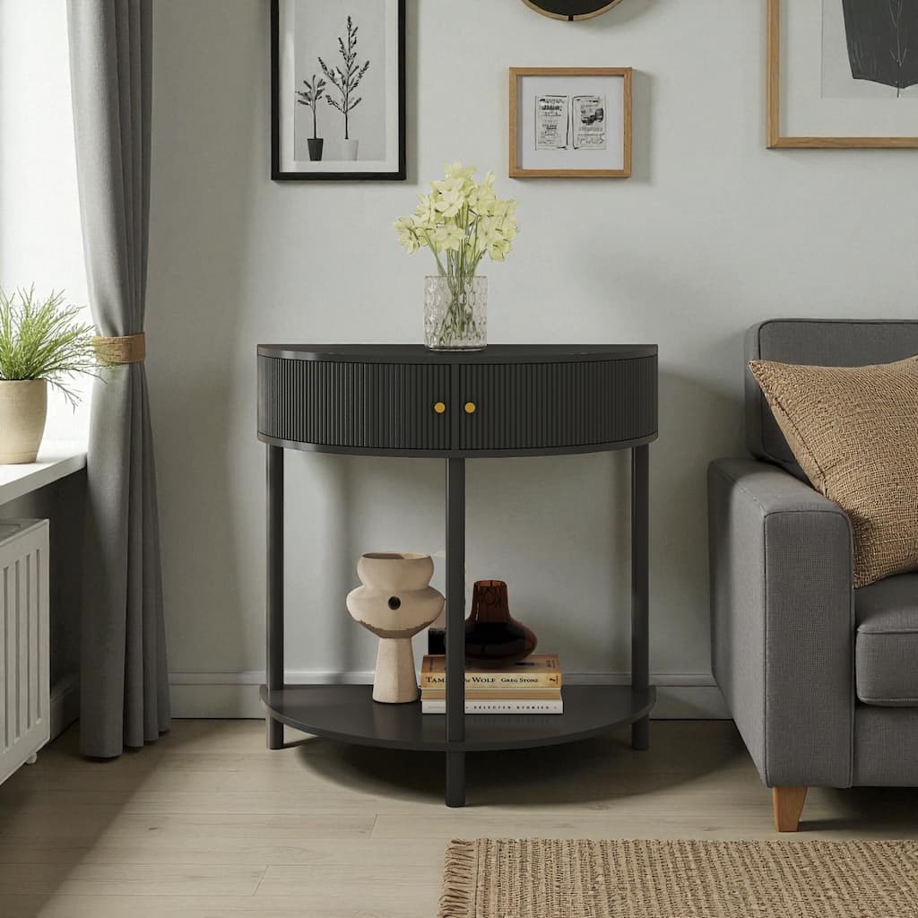 31.5" Half Moon Console Table with 3D Wave Pattern, 2 Drawers and Bottom Shelf, Artisan-Crafted Entryway Accent Table