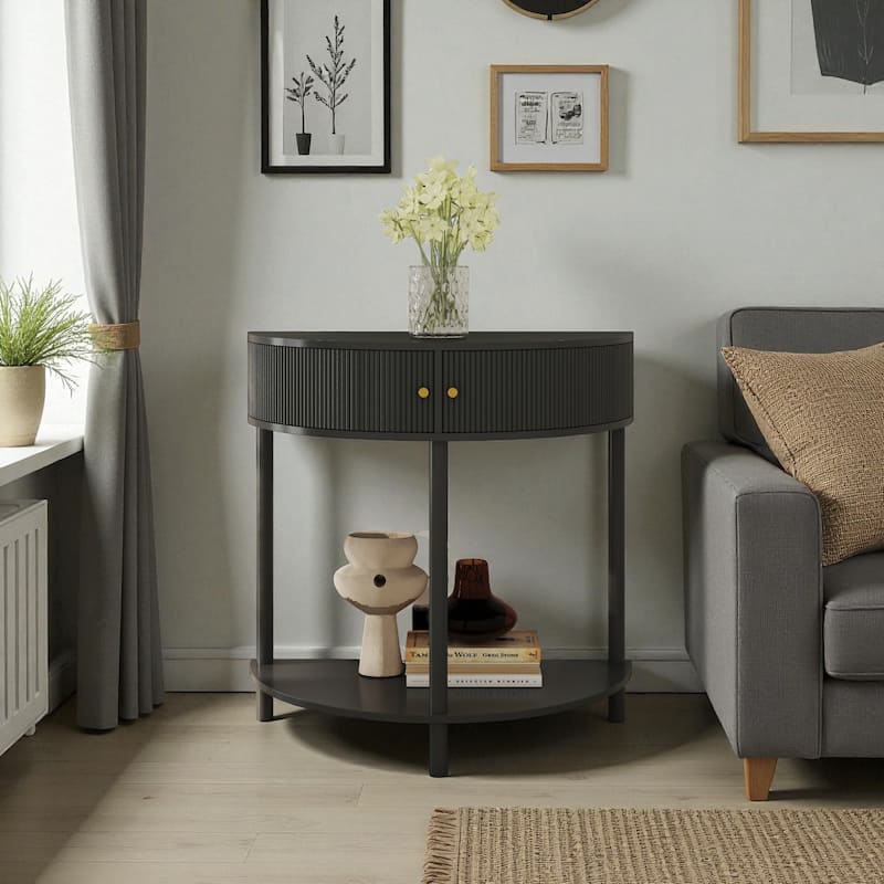 31.5" Half Moon Console Table with 3D Wave Pattern, 2 Drawers and Bottom Shelf, Artisan-Crafted Entryway Accent Table - Dark Grey