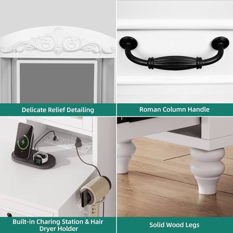 Moasis Modern 5-Drawer Makeup Vanity Table With Exquisite Carved and Built-in Charging Station