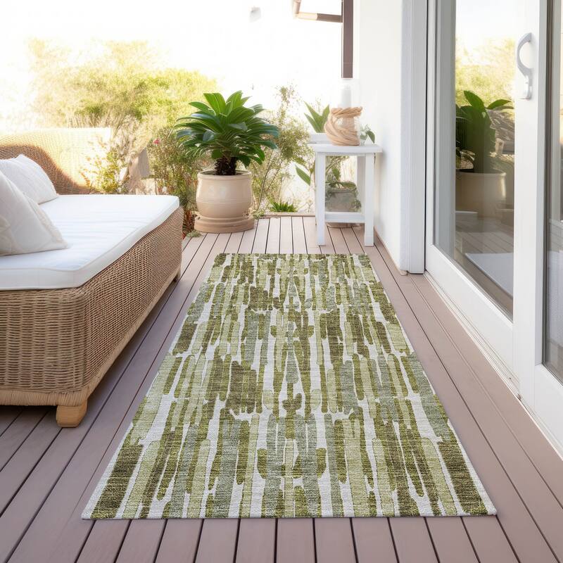 Machine Washable Indoor/ Outdoor Chantille Abstract Watercolor Rug - Olive - 2'3" x 7'6"