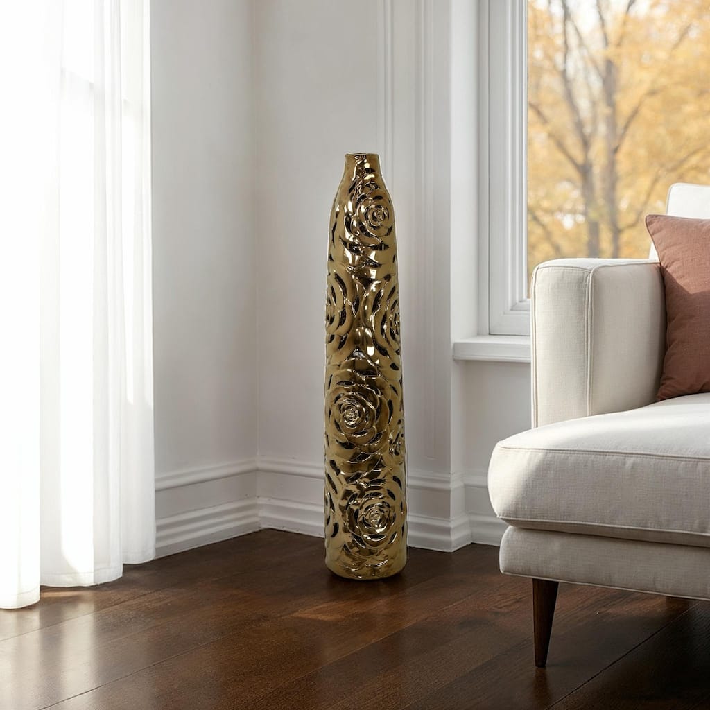 Reky Tall Vase, Rose Cut Floral Patterns, Slim Profile Bronze Ceramic