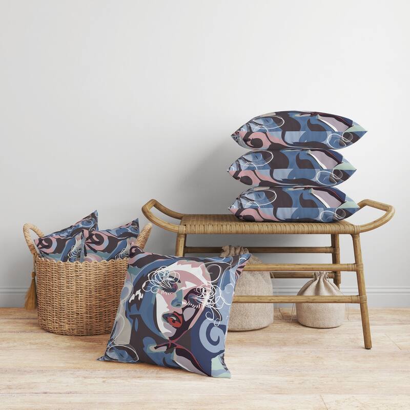 Face Pop Art Faux Suede Reversible Throw Pillow Blue and Pink