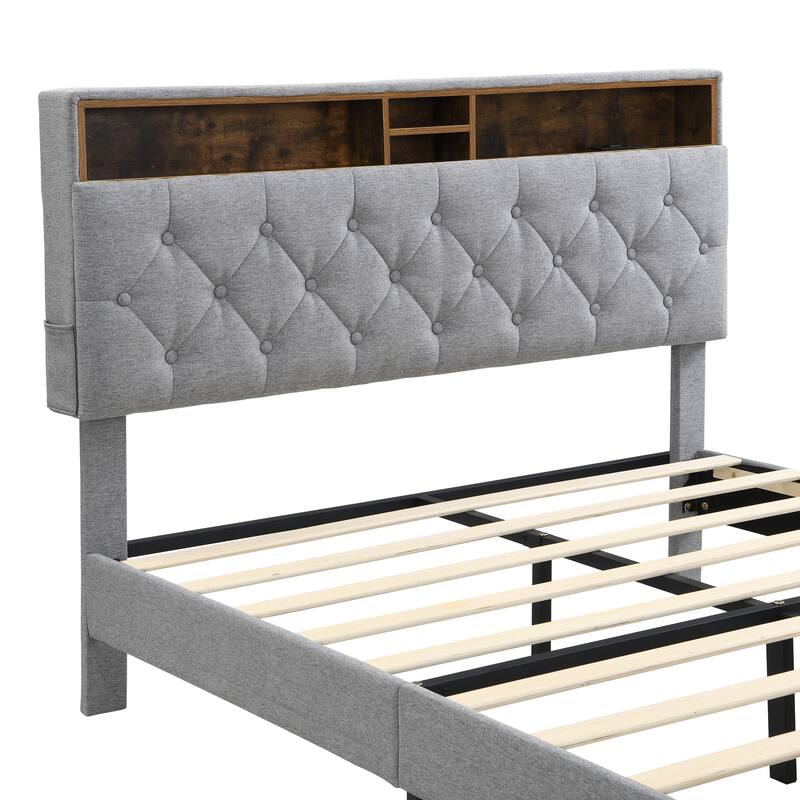 Queen Size Linen Upholstered Platform Bed with Button-Tufted Headboard, USB Charging Station and Side Pockets