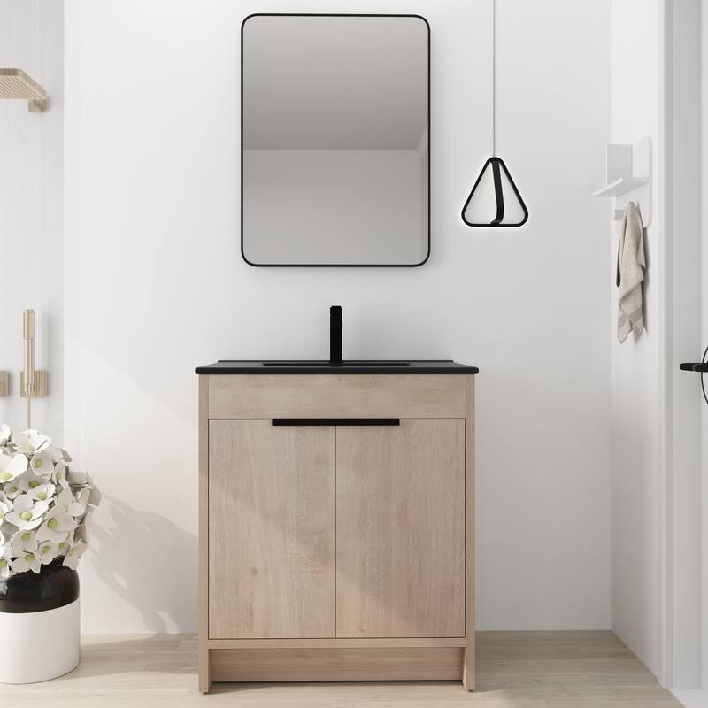 BNK 24/30/36 inch Freestanding Single Sink Bathroom Vanity with Soft Close Door and 1 adjustable shelf - 29.9"W x 18.3"D x 35"H - Plain Light Oak-BK