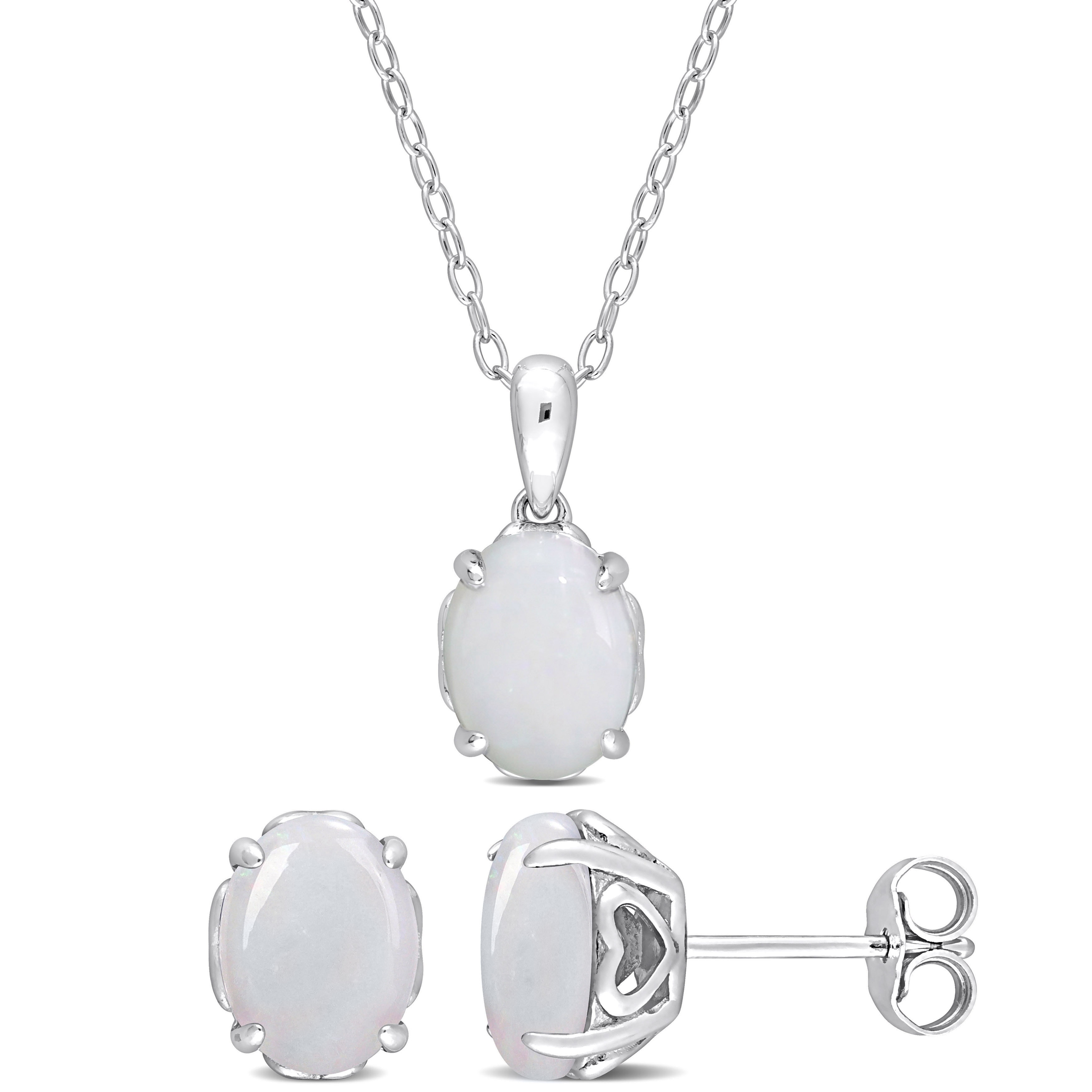 Miadora 3ct TGW Oval Opal 2-Piece Solitaire Necklace and Stud Earrings Set Sterling Silver
