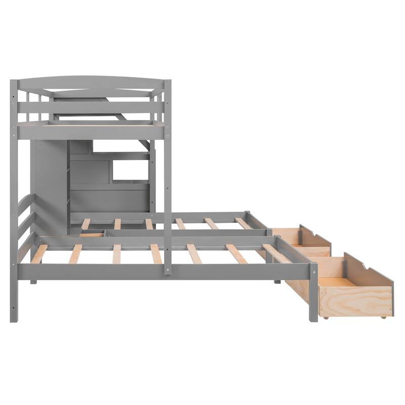 Twin Over Twin & Twin Pine Triple Bunk Bed with Drawers, Staircase, and Shelves