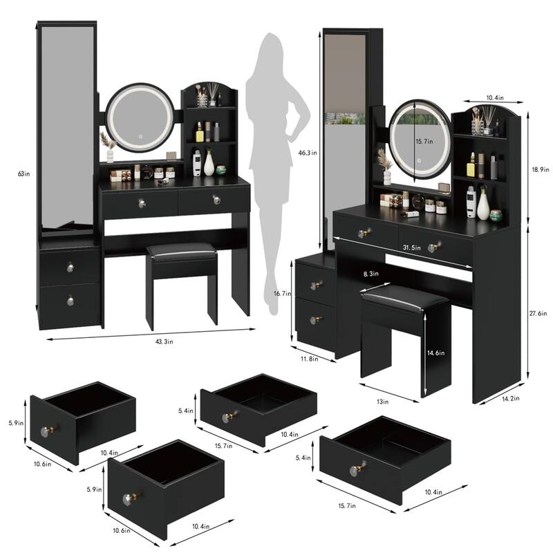 Full Mirror Cabinet + Round Mirror LED Vanity Table + Cushioned Stool