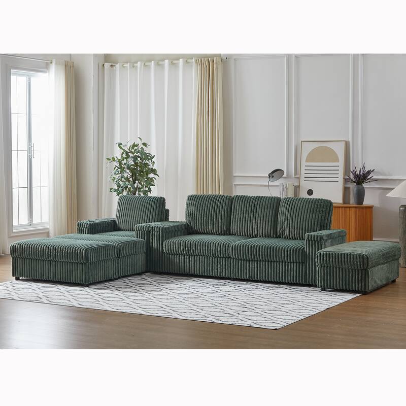 Anmytek Corduroy 3-Seater Deep Seat Sofa & Single Recliner With Cup-Holding Grooves - Green