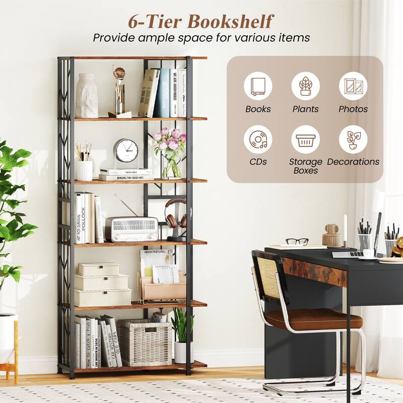 Gymax 2PCS 6-Tier Bookshelf w/Heavy-duty Metal Frame2 Anti-tipping