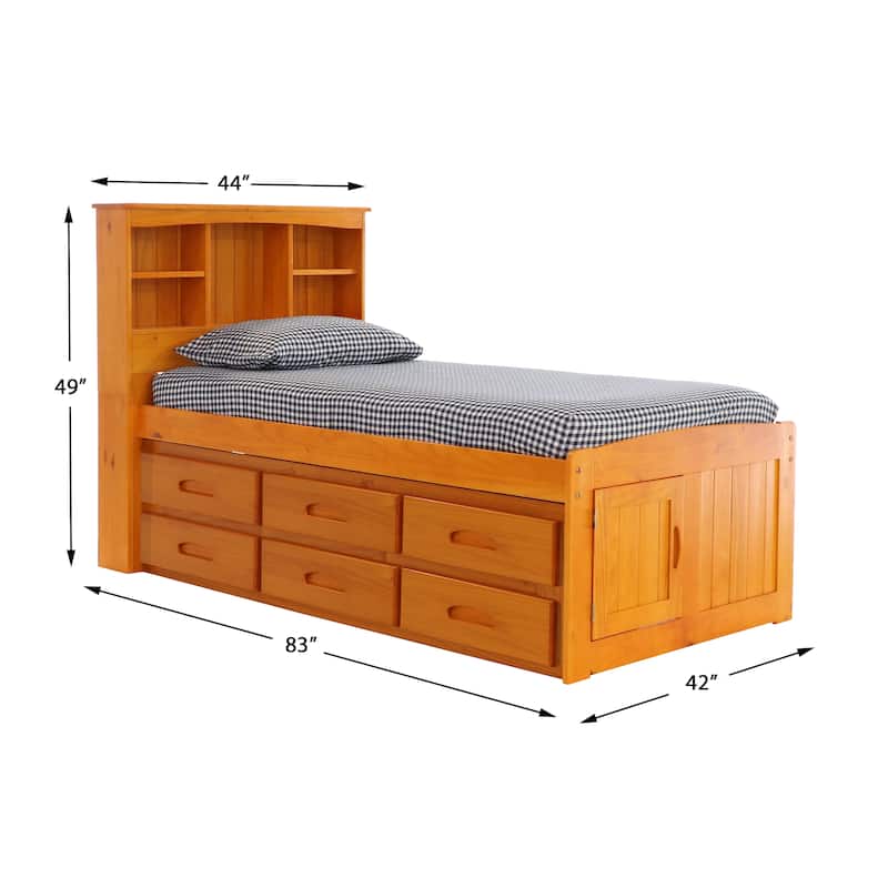 OS Home and Office Furniture Model Solid Pine Twin Captains Bookcase Bed with 6 drawers in Warm Honey