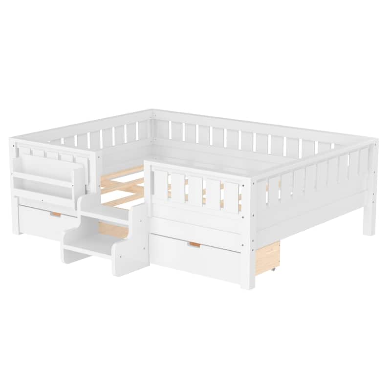 Multiple Colors Toddler Montessori Bed Children's Platform Bed with Low Profile Stairs, Built-in Bookshelf and Storage Drawers