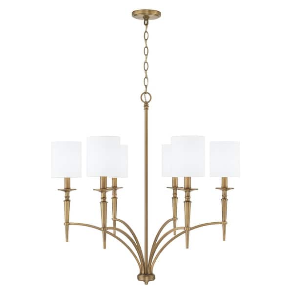 slide 2 of 8, Abbie 31" 6-light Chandelier w/ White Fabric Stay-Straight Shades Aged Brass