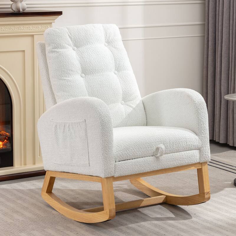 Gray Accent Rocking Chair with Footrest Rubber Wood Rocking Legs