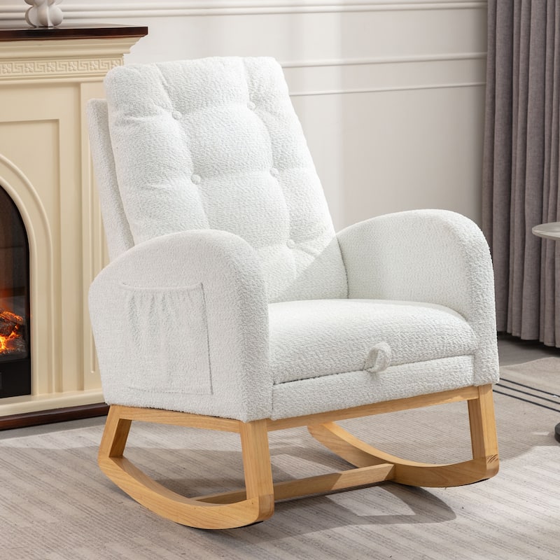 Upholstered Glider Chair with Thick Cushions, Rubber Wood Rocking Chair with Footrest, Lounge Recliner with Armrests