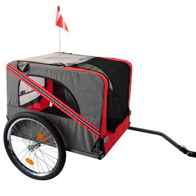Durable Dog Bike Trailer with 20-Inch Wheels, Zippered Mesh Doors, and 88lb Capacity - Grey+Red