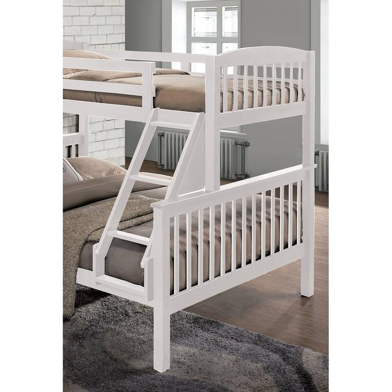 White Twin Over Twin Bunk Bed with Slat Design and Angled Ladder