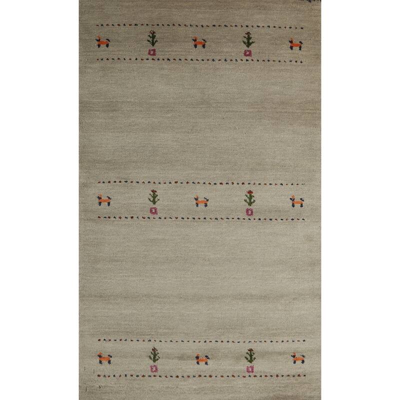 Hand Knotted Oriental 100% Wool Carpet Tribal Animal Pictorial Green Gabbeh Area Rug - 4' 11'' X 3' 1''